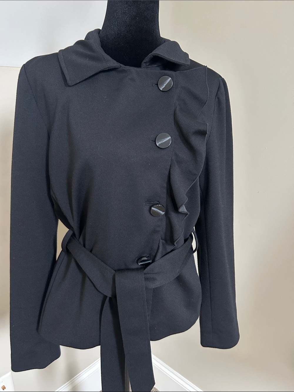 Sandro Black Belted Ruffle-Front Trench Coat